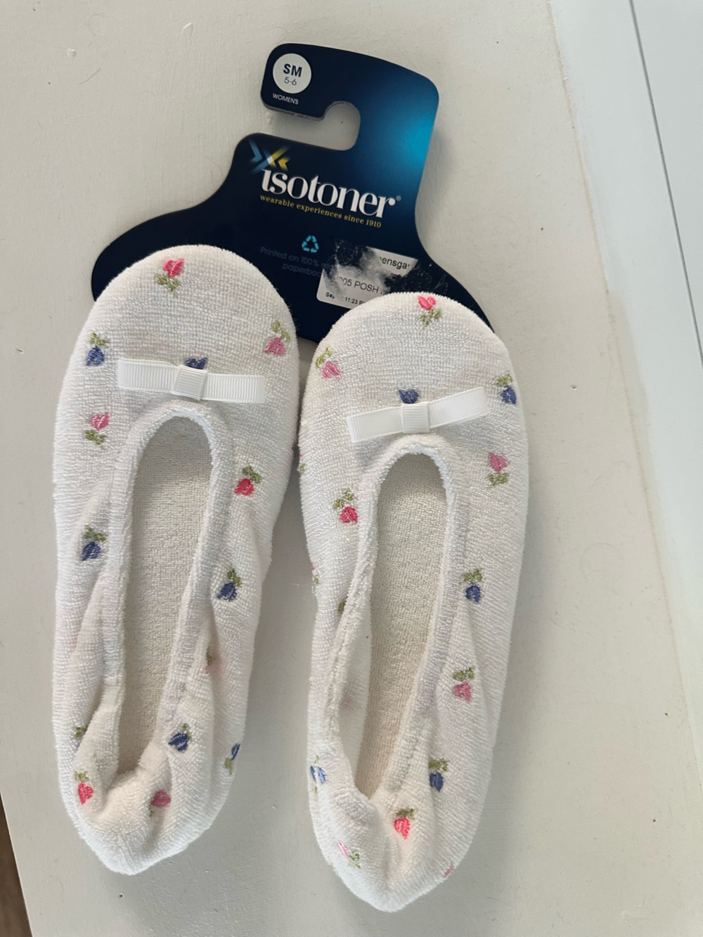 isotoner White Ballerina Slippers with Pink & Blue Floral Embroidery